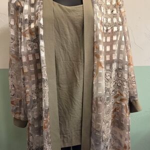 R&M Richards Open Front Beige & Olive/Sage 2-in-1 Blouse Sheer Jacket